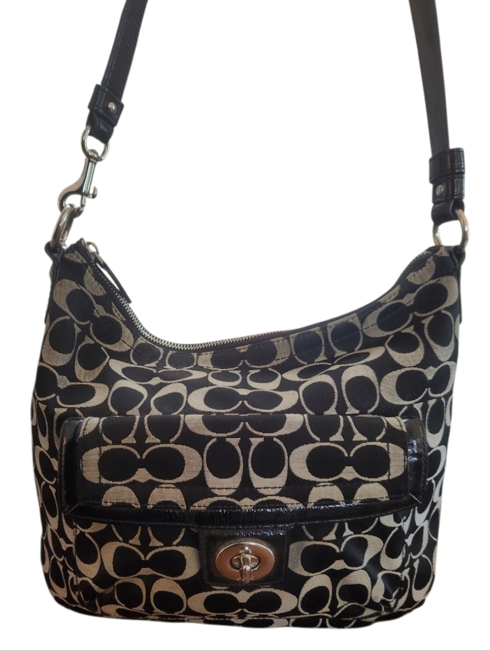 Coach Black and Tan Signature Canvas Shoulder Bag Preloved